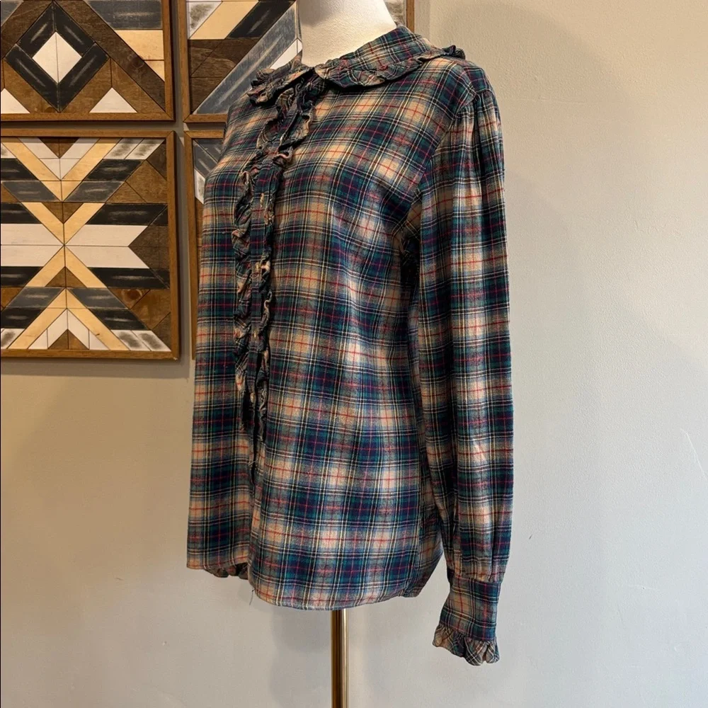 Vintage Ralph Lauren Plaid Cotton Flannel Button-Down Ruffle Blouse size 10 - Picture 4 of 11